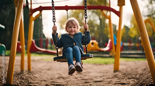 Kind schaukelt auf Spielplatz und hat Spaß photo