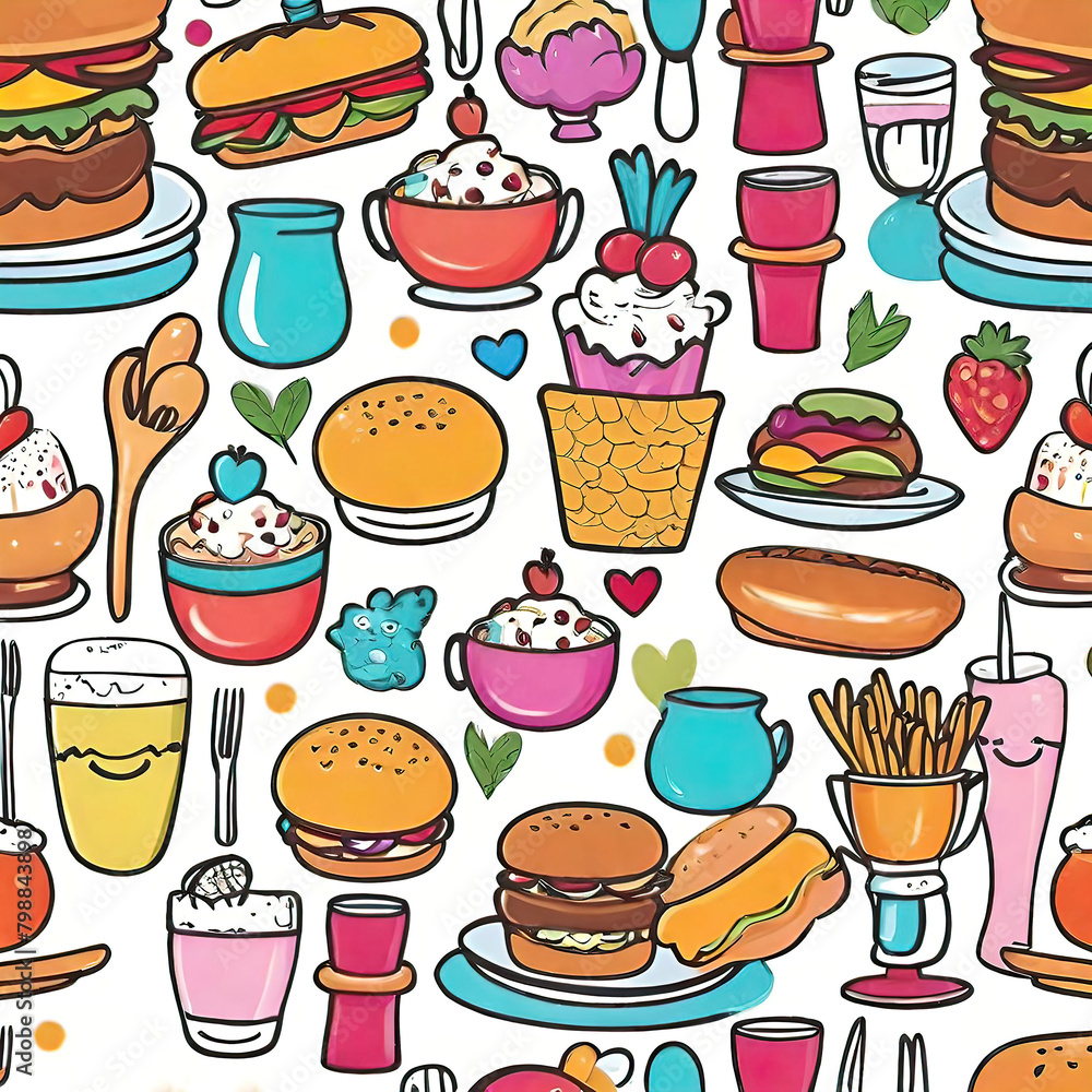 Colorful seamless pattern of American fast food restaurant, Fast food background collection, vector illustration, wallpaper for design