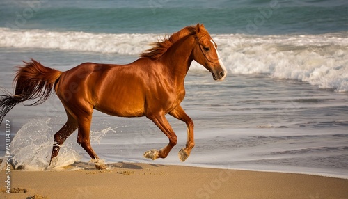 Chestnut horse galloping on shore, fragment of painting