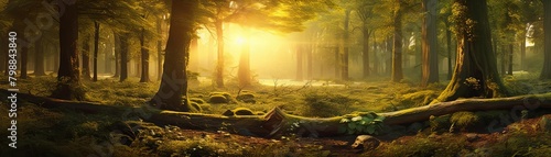 A beautiful sunlit forest with green moss and fallen logs