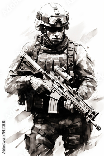 Illustration of military in uniform with rifle