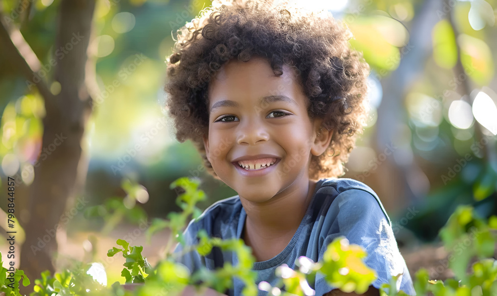 A candid diagonal shot capturing a cute kid happily engaged in learning activities in an outdoor classroom setting. Surrounded by trees and natural beauty, the child's genuine smile and focused attent A candid diagonal shot capturing a cute kid happily engaged in learning activities in an outdoor classroom setting. Surrounded by trees and natural beauty, the child's genuine smile and focused attent
