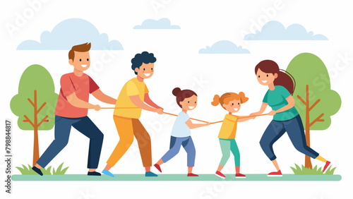 A game of tugofwar between the kids and adults signifying the unity and playfulness within the family.. Vector illustration