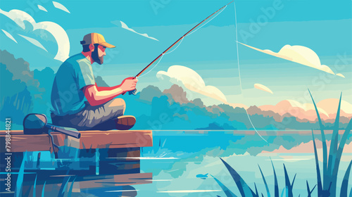 Fisherman sitting with fishing rod and watching at photo