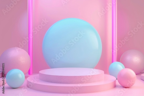 Pastel Pink Platform with Neon Lights and Spheres
