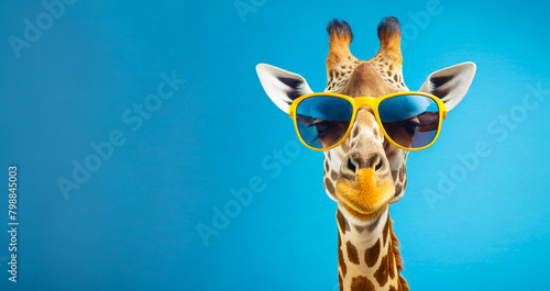 Portrait of a fashionable giraffe in sunglasses isolated on a blue background. Generative AI.