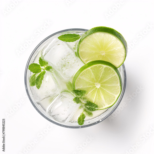 Gin tonic cocktail with lime slices, top view on white background © Muhammad