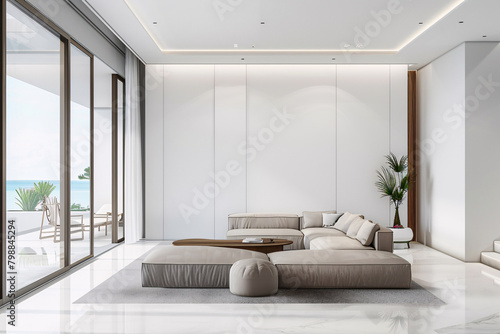 Indulge in the simplicity of a minimalistic  modern white living room exuding tranquility and space