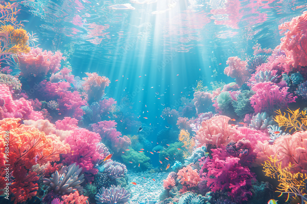 A grainy gradient illustration of a vibrant coral reef teeming with life, sunlight filtering through the clear water.