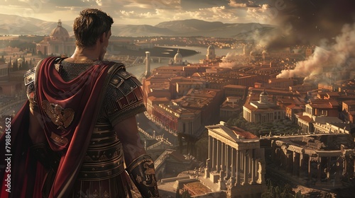 Portrait of stoic Roman emperor in detailed armor surveys his empire, with the expansive cityscape of Ancient Rome stretching into the horizon behind him