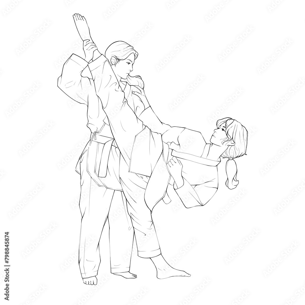 lineart illustration of a woman practicing taekwondo overhead kicks with a female teacher. Taekwondo illustration. lineart illustration of a woman practicing taekwondo overhead kicks with a female teacher. Taekwondo illustration.