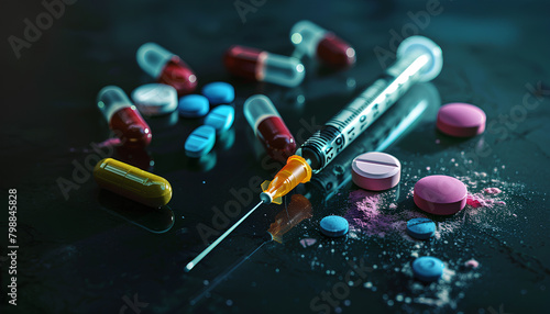 Different drugs and syringe on dark background, closeup