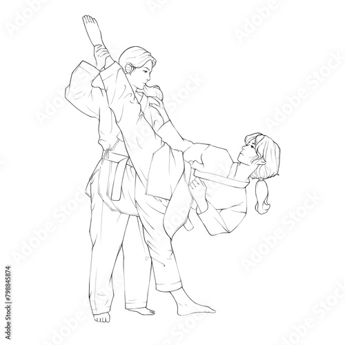 lineart illustration of a woman practicing taekwondo overhead kicks with a female teacher. Taekwondo illustration.