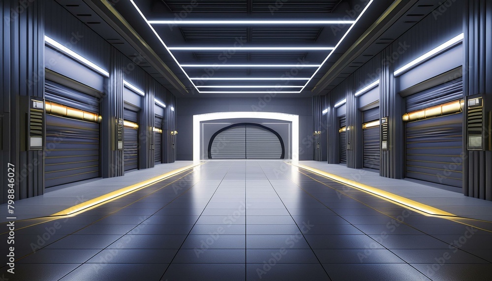 Dark Futuristic Modern Garage Showroom Tunnel Corridor. Entrance 3D Illustration Dark Futuristic Modern Garage Showroom Tunnel Corridor. Entrance 3D Illustration