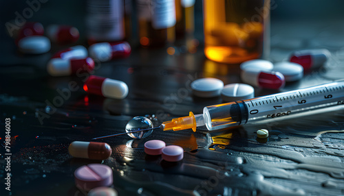 Different drugs and syringe on dark background, closeup