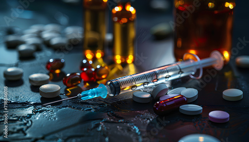 Different drugs and syringe on dark background, closeup photo