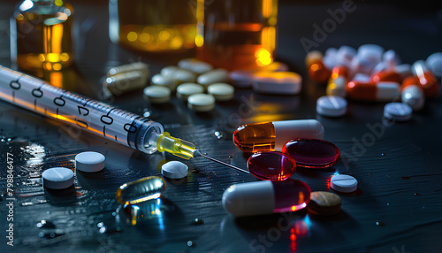 Different drugs and syringe on dark background, closeup