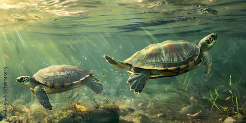 Group of turtles swimming peacefully in crystalclear river 