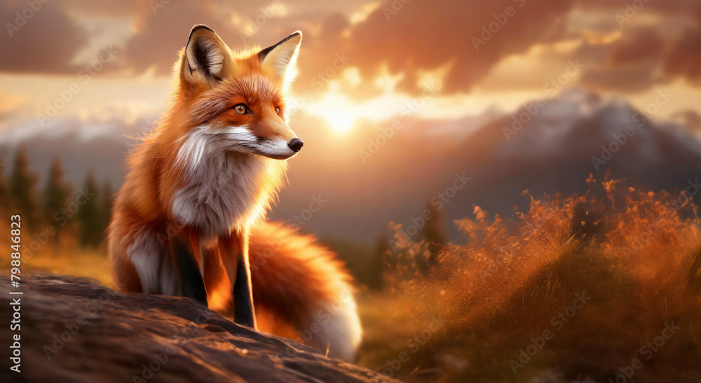 Fototapeta premium Full-length close-up portrait of a red fox. Against the background of wild nature of mountains and fields. Generative AI