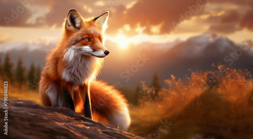 Full-length close-up portrait of a red fox. Against the background of wild nature of mountains and fields. Generative AI