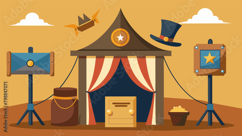 A nostalgic photo booth set up like a revolutionary war camp with props such as tricorner hats lanterns and parchment paper backgrounds for hilarious. Vector illustration