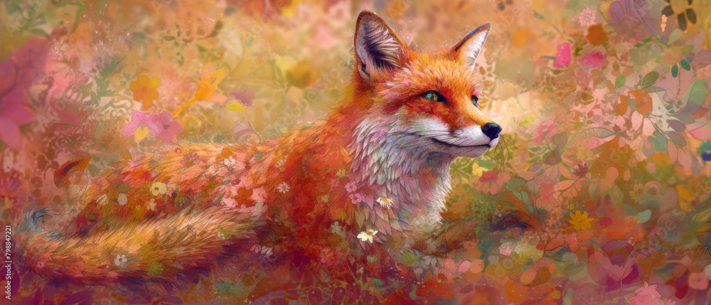 Vibrant Fox in a Whimsical Floral Dreamscape