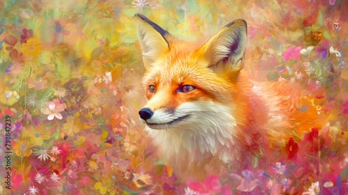 Vibrant Fox in a Whimsical Floral Dreamscape