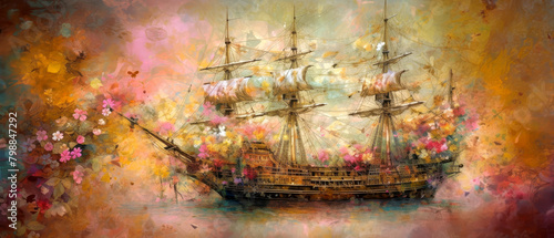 Mystical Sailing Ship on a Sea of Flowers 