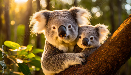 portrait of a cute mother koala with little baby on a tree branch in the forest with sun rays. Generative AI.