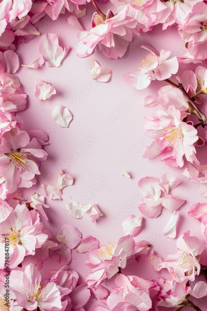 Delicate texture of cherry blossom petals around the frame, with a blank space in the center, showcasing their softness and pastel hues. 