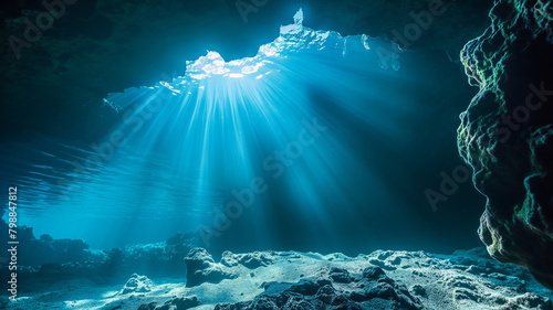 Sunlit Underwater World without animals with Bright Rays