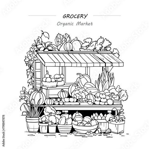 Vector coloring book vegetable stall shop. Vector illustration