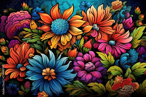 Flower Explosion. Colourful magical tropical flowers isolated on black background in vector pop art style.
