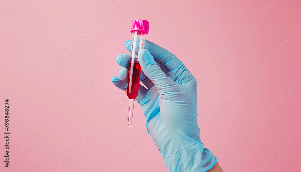 Laboratory worker's hand in rubber glove holding test tube with blood sample on light background Laboratory worker's hand in rubber glove holding test tube with blood sample on light background