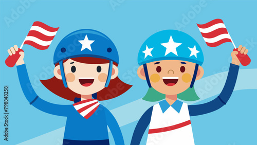 Two friends eagerly showing off their matching patriotic bike helmets and handlebar streamers before joining the parade festivities.. Vector illustration