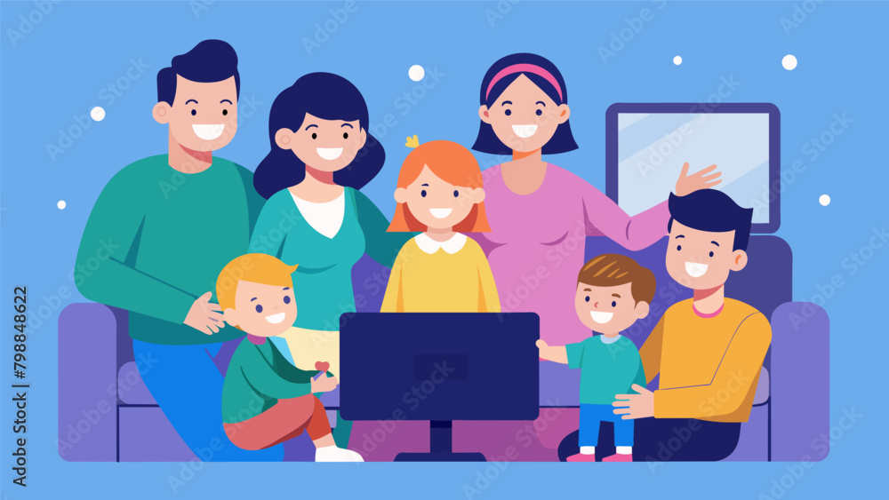 A happy family gathered around a TV with a streaming subscription showcasing how subscription services can provide convenient entertainment A happy family gathered around a TV with a streaming subscription showcasing how subscription services can provide convenient entertainment