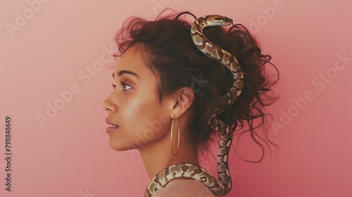 side view ,studio portrait,a woman looking over her shoulder , a baby snake being playful on her neck photo