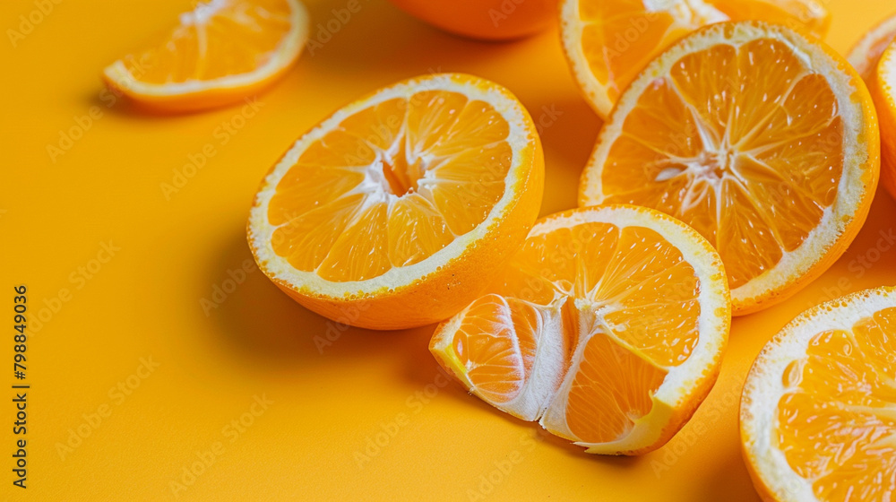Fototapeta premium Fresh Citrus Delight: A Vibrant Display of Sliced Oranges on a Bright Yellow Background