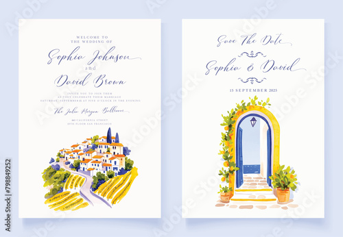 Wedding invitation of nature landscape with wooden door view watercolor
