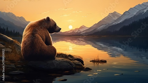 Bear sitting by the lakeside, reflective water, peaceful and calm evening