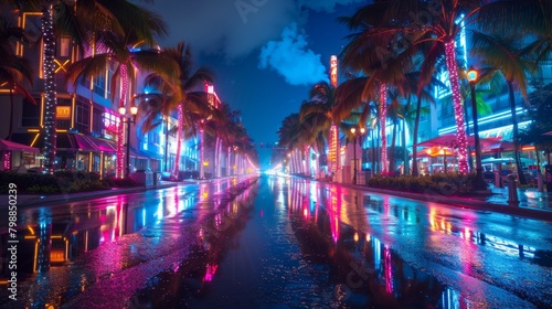 Neon-lit wet street with palm trees reflecting on the surface
