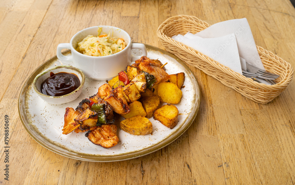 Poultry Shish Kebab, Barbecue Shashlik with Meat and Vegetables, Fruits, Peppers, Onions and Pineapple Poultry Shish Kebab, Barbecue Shashlik with Meat and Vegetables, Fruits, Peppers, Onions and Pineapple