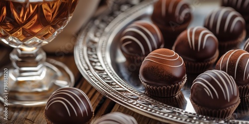 Fine chocolates on a silver tray paired with whisky photo