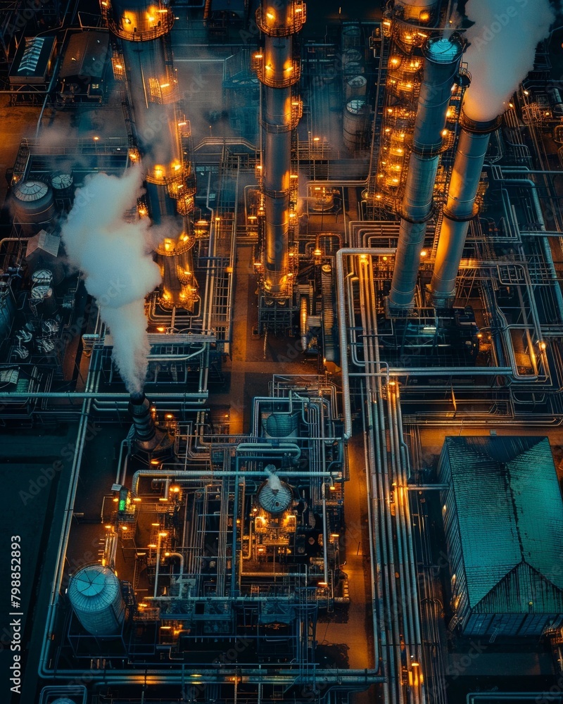 Aerial view of hydrogen gas plant, soft morning light, birdseye perspective, highlighting scale and efficiency