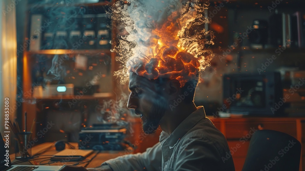 Brain fog visualized in a cluttered digital workspace, soft focus, mid shot, stress and digital overload theme Brain fog visualized in a cluttered digital workspace, soft focus, mid shot, stress and digital overload theme