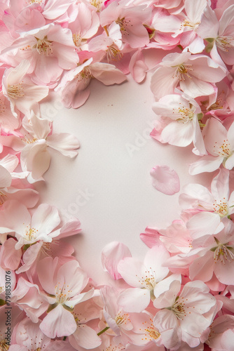Delicate texture of cherry blossom petals around the frame, with a blank space in the center, showcasing their softness and pastel hues.  © grey