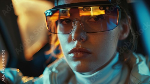 Drivers license examiner using AR glasses to score maneuvers, soft natural light, precise detail, techaided precision grading photo