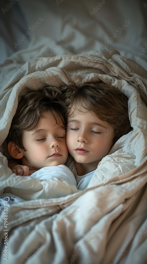 Sleepy kids nestled in a bed sheet fortress, gentle night light, intimate shot, essence of childhood sleepovers Sleepy kids nestled in a bed sheet fortress, gentle night light, intimate shot, essence of childhood sleepovers