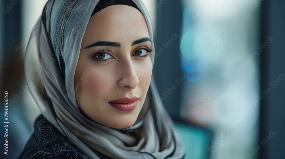 Big close up view of the face of a Muslim woman wearing an Islamic headscarf or hijab. Housewives are also office workers, professional businesswomen. Big close up view of the face of a Muslim woman wearing an Islamic headscarf or hijab. Housewives are also office workers, professional businesswomen.
