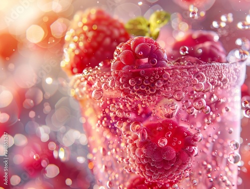 Sparkling raspberry lemonade, bubbling joy, tight shot, effervescent vacation in a glass